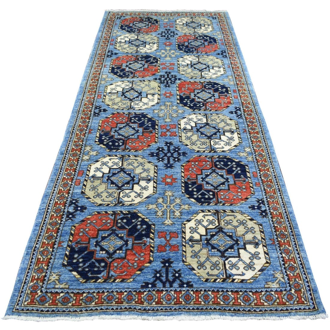 Blue, Dense Weave Soft Wool Hand Knotted Afghan Ersari Wide Runner Rug (1 of 6)