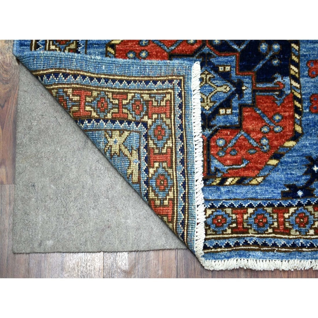 Blue, Dense Weave Soft Wool Hand Knotted Afghan Ersari Wide Runner Rug - 2