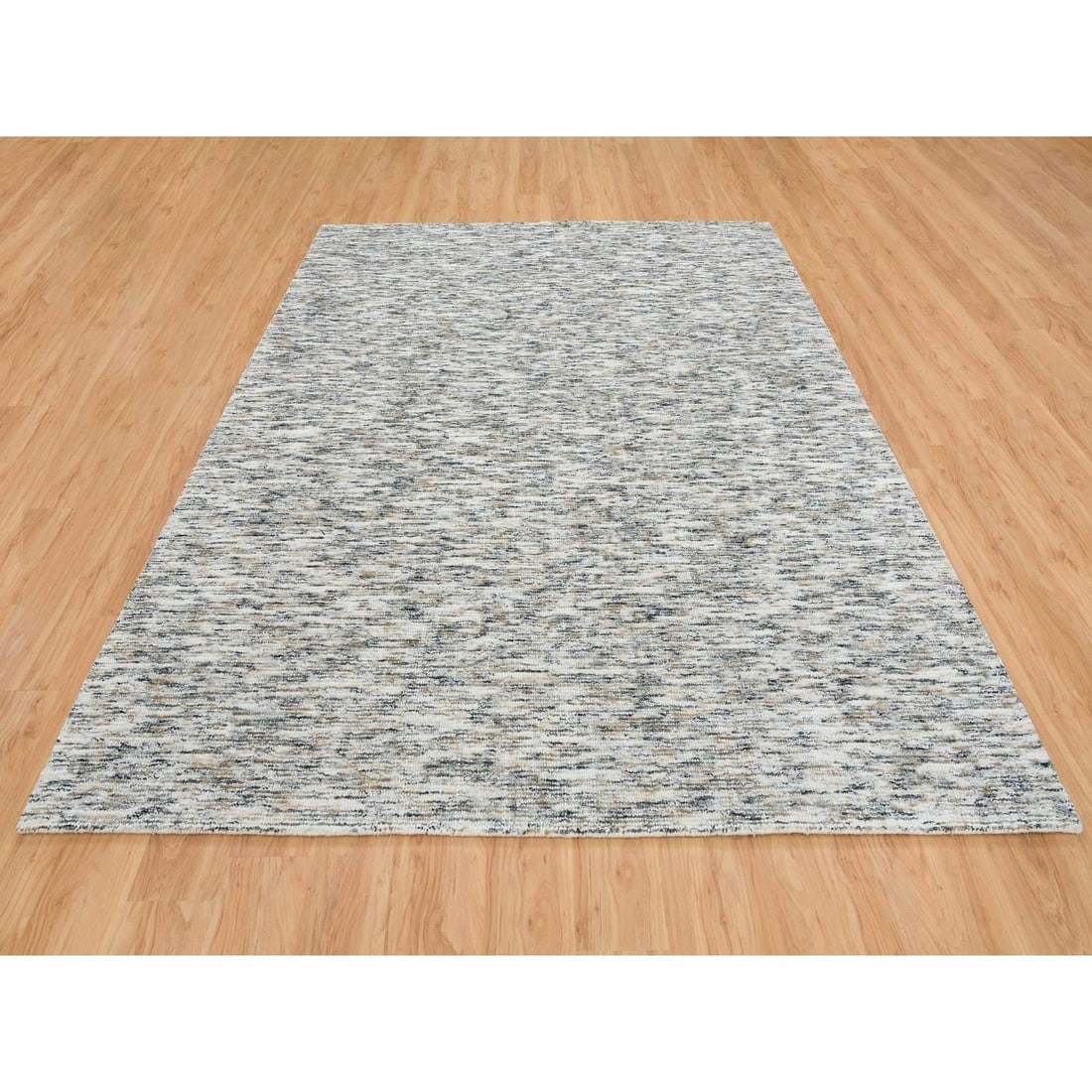 Beige Pure Wool Hand Loomed Modern Striae Design Oriental Rug - 2