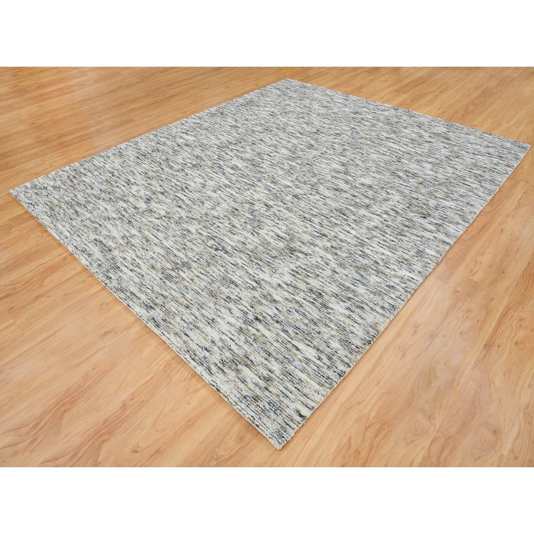 Beige Pure Wool Hand Loomed Modern Striae Design Oriental Rug - 3