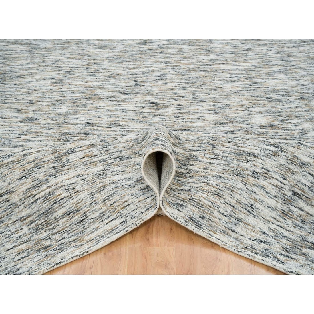 Beige Pure Wool Hand Loomed Modern Striae Design Oriental Rug - 5