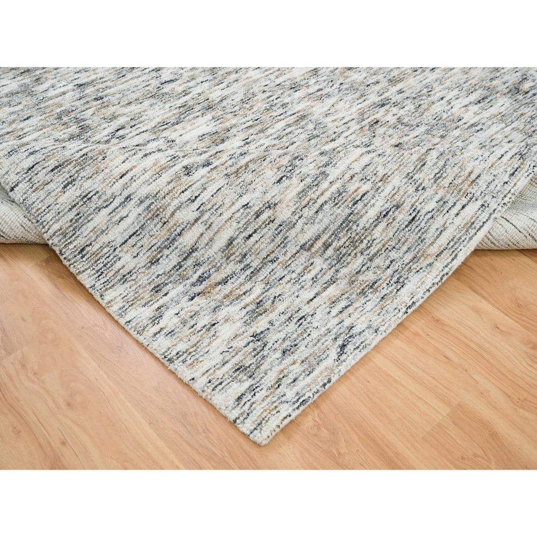 Beige Pure Wool Hand Loomed Modern Striae Design Oriental Rug - 6
