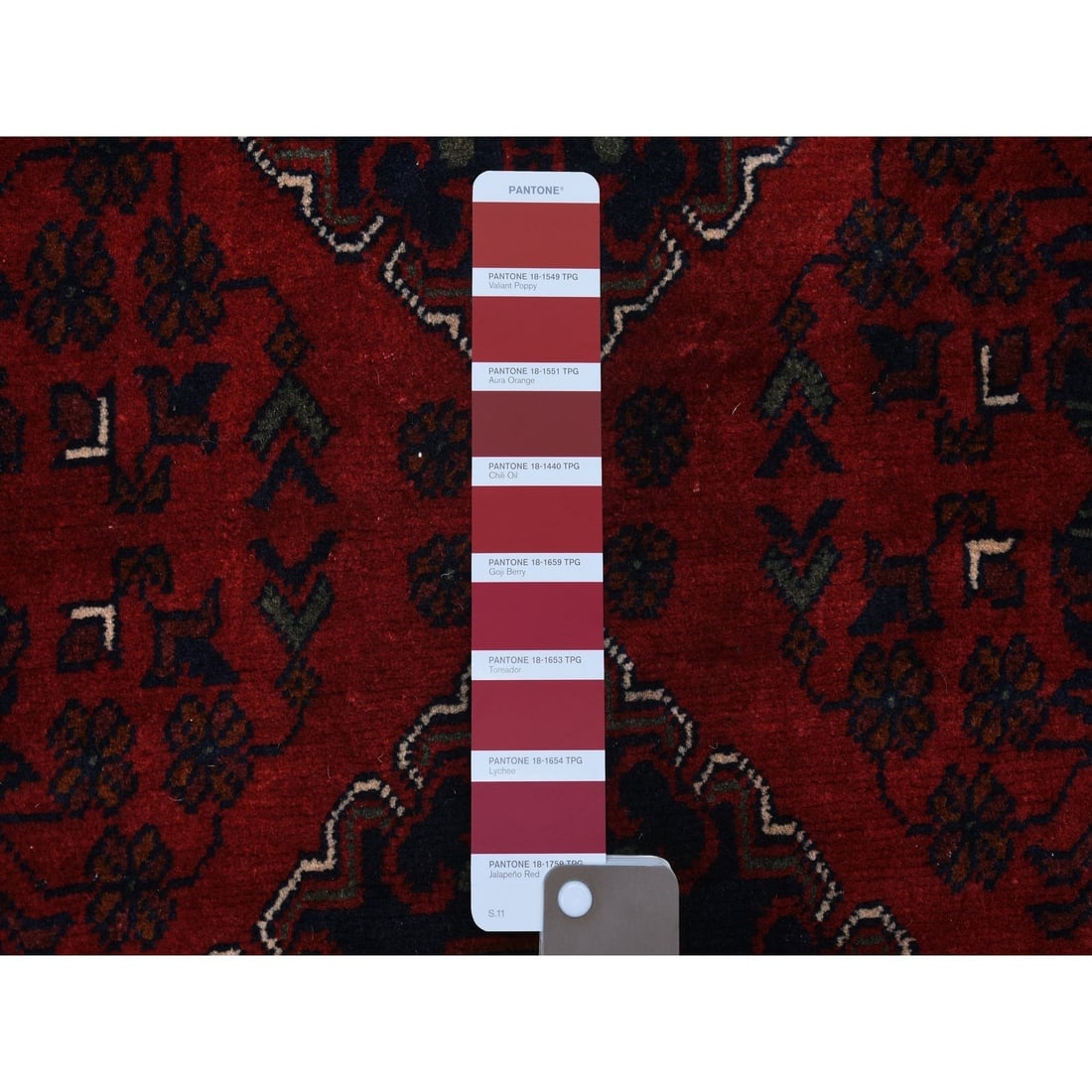 Deep Red, Shiny Wool Hand Knotted, Afghan Khamyab Runner Rug - 3