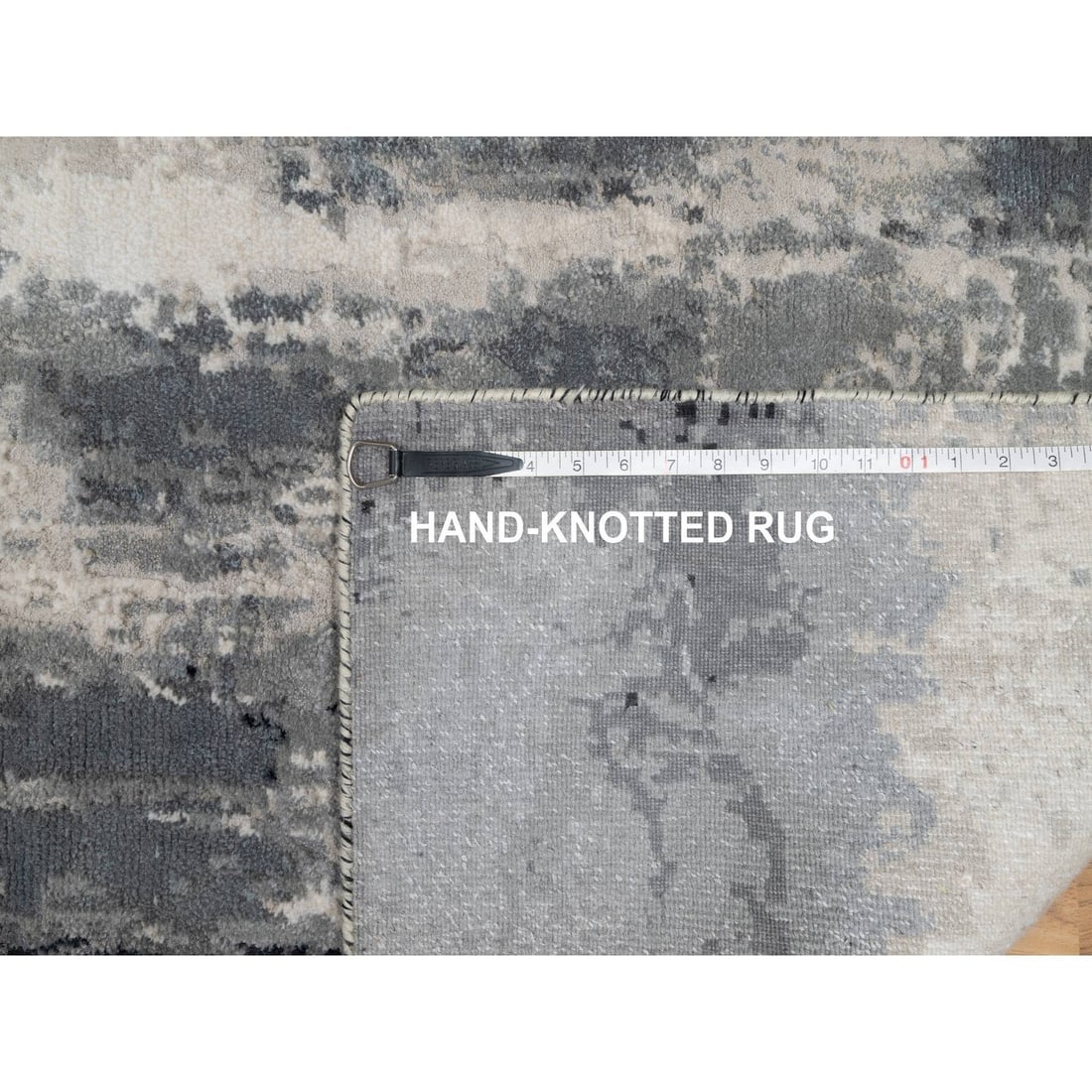 Sable Black Abstract Design Wool and Silk Hand Knotted Runner Rug - 8