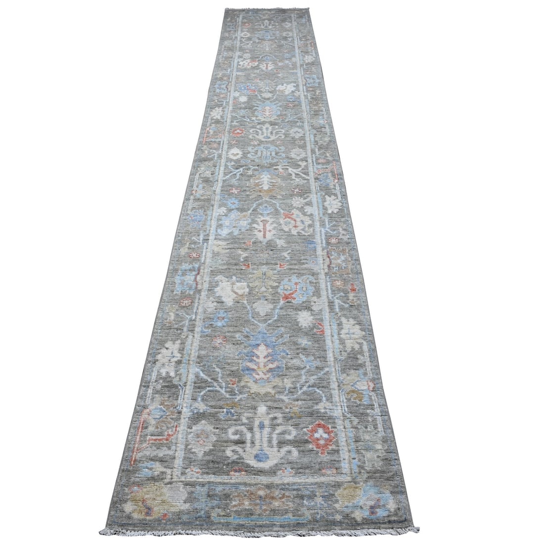 Echo Gray Afghan Angora Oushak Wool Foundation XL Runner Oriental Rug: Title: Echo Gray Afghan Angora Oushak Wool Foundation XL Runner Oriental Rug Description: This is a truly genuine one-of-a-kind. It has been Knotted for months and months in the centuries-old weaving
