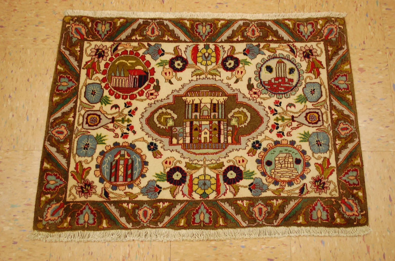 TABRIEZ RUG 2' x 2'10": Title:TABRIEZ RUG 2' x 2'10" Description:ANTIQUE AUTHENTIC HAND KNOTTED PERSIAN TABREIZ RUG HIGH KPSI_KORK WOOL Circa 1930's with exact size of ,,,2' x 2'10" Wool woven on cotton foundation made to la