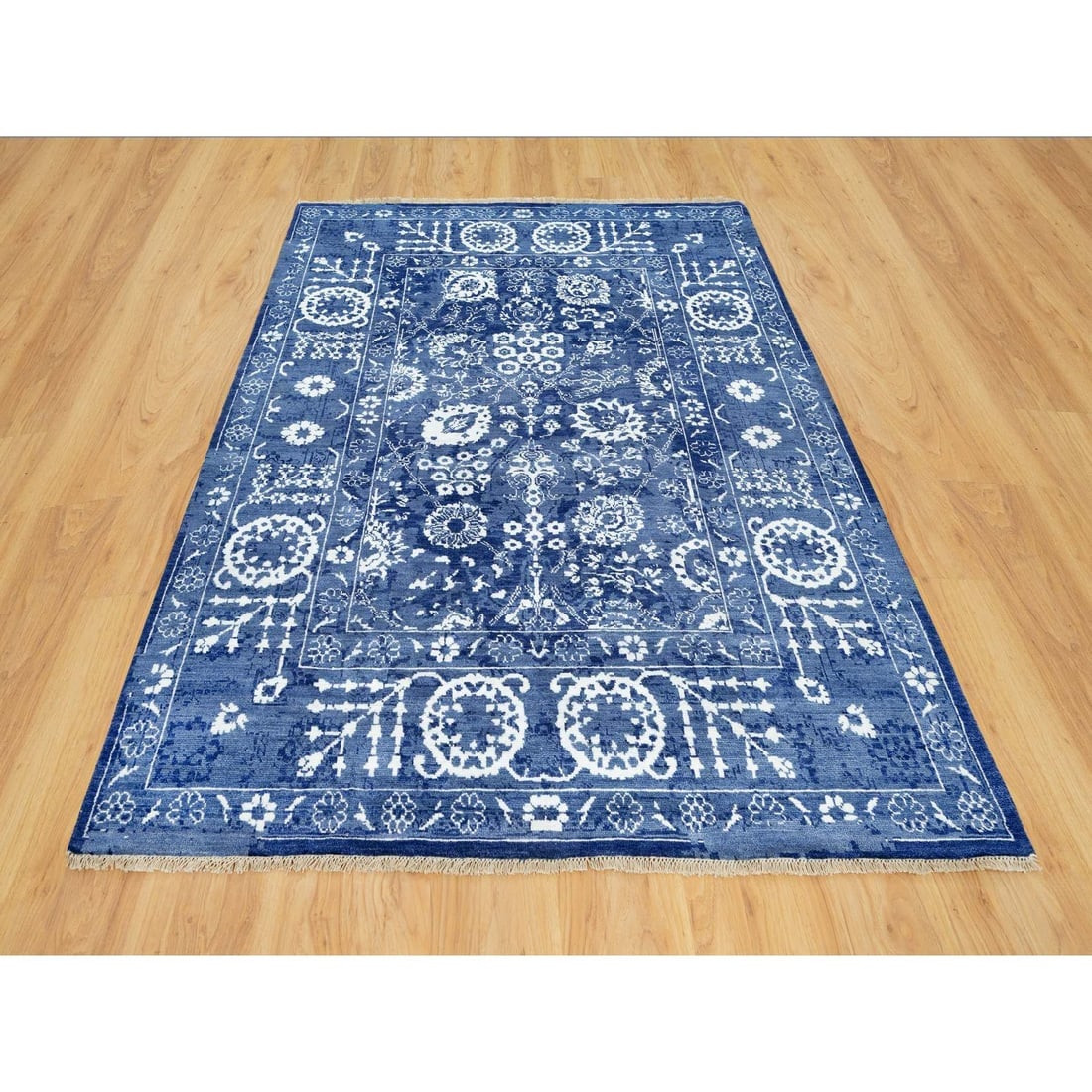Revel Blue Hand Knotted Tebraz Leaf Design Wool and Silk Oriental Rug - 2