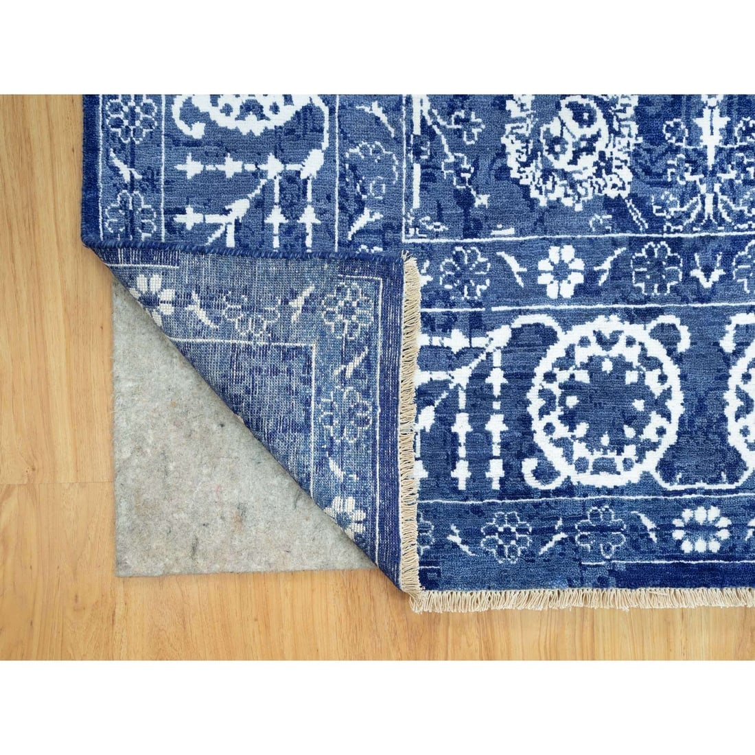 Revel Blue Hand Knotted Tebraz Leaf Design Wool and Silk Oriental Rug - 3