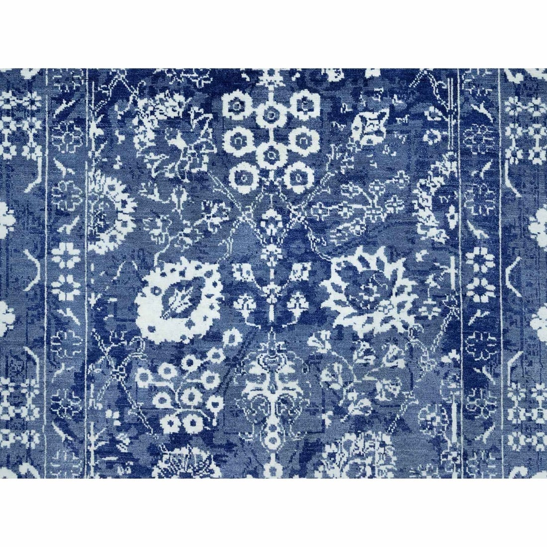 Revel Blue Hand Knotted Tebraz Leaf Design Wool and Silk Oriental Rug - 5