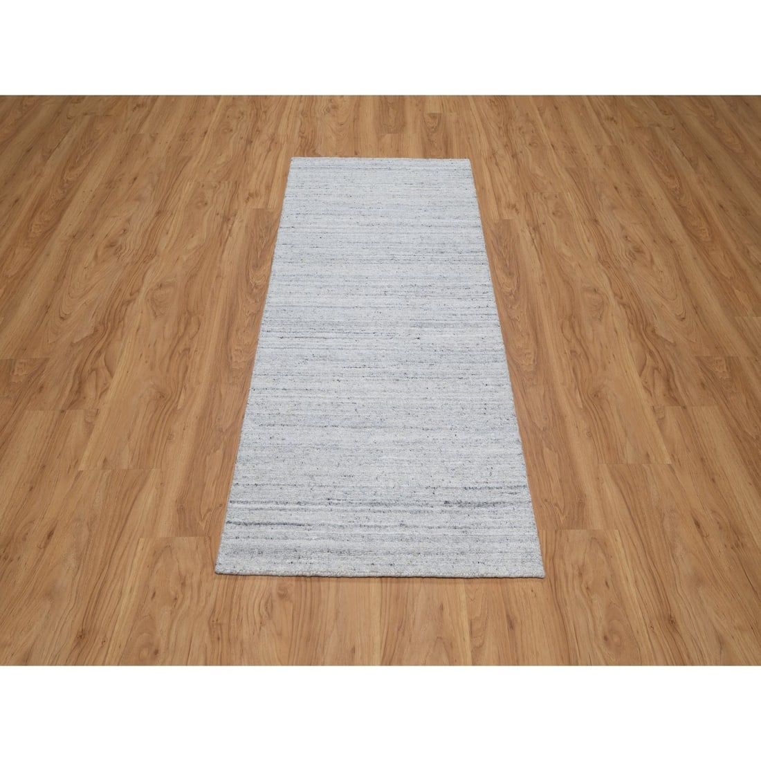 Snow White Hand Loomed Plain Modern Striae Design Pure Wool Runner Rug - 2