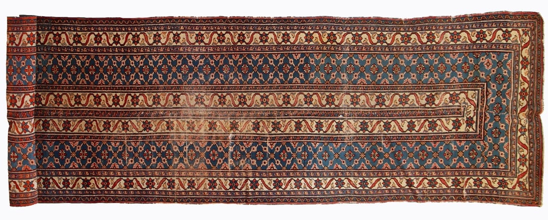 Handmade antique Persian Mashad runner 4.3' x 14' (132cm x 427cm) 1900s - 2