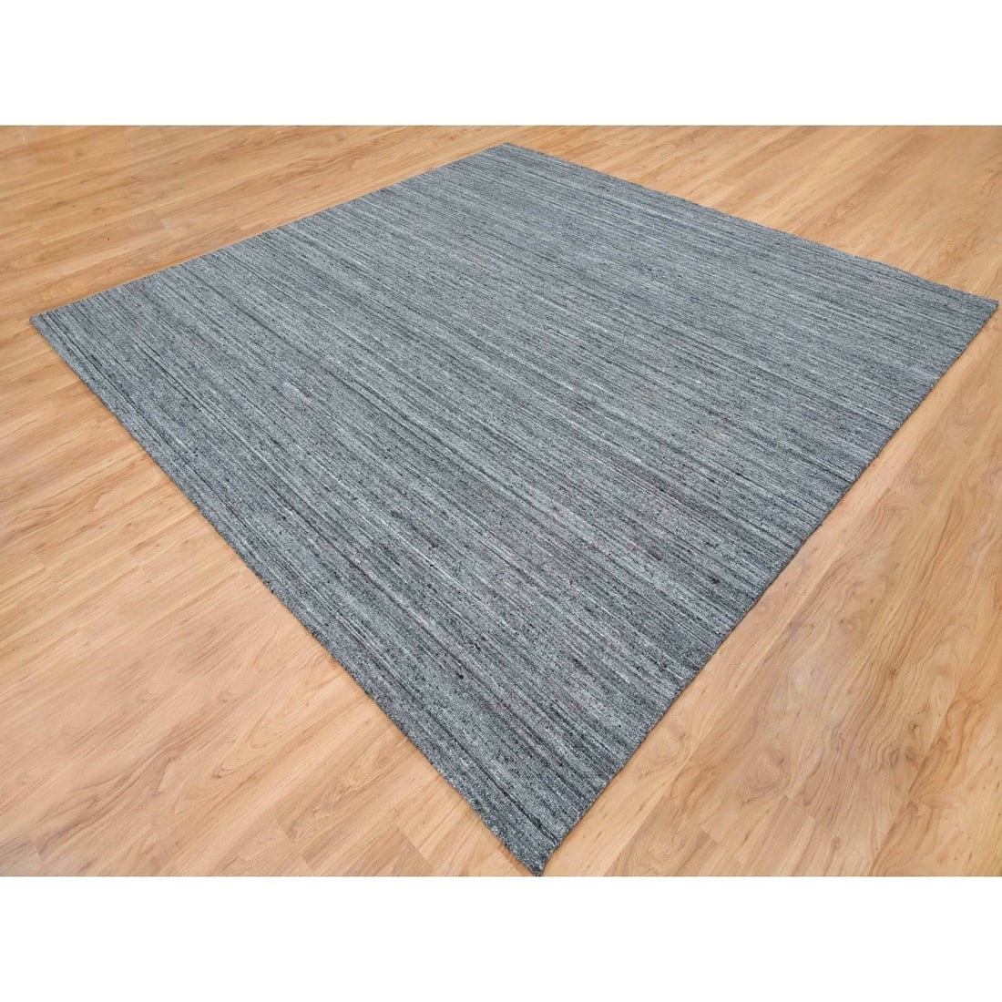 Arsenic Gray, Soft Wool Hand Loomed, Modern Striae Design, Square Rug - 3