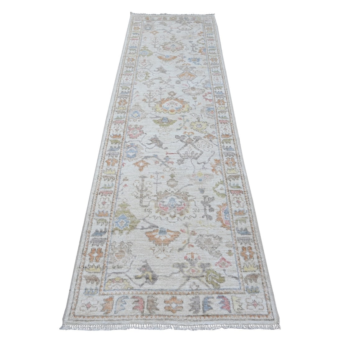 White Sand Afghan Angora Oushak Wool Weft Runner Oriental Rug: Title: White Sand Afghan Angora Oushak Wool Weft Runner Oriental RugDescription: This is a truly genuine one-of-a-kind. It has been Knotted for months and months in the centuries-old weaving