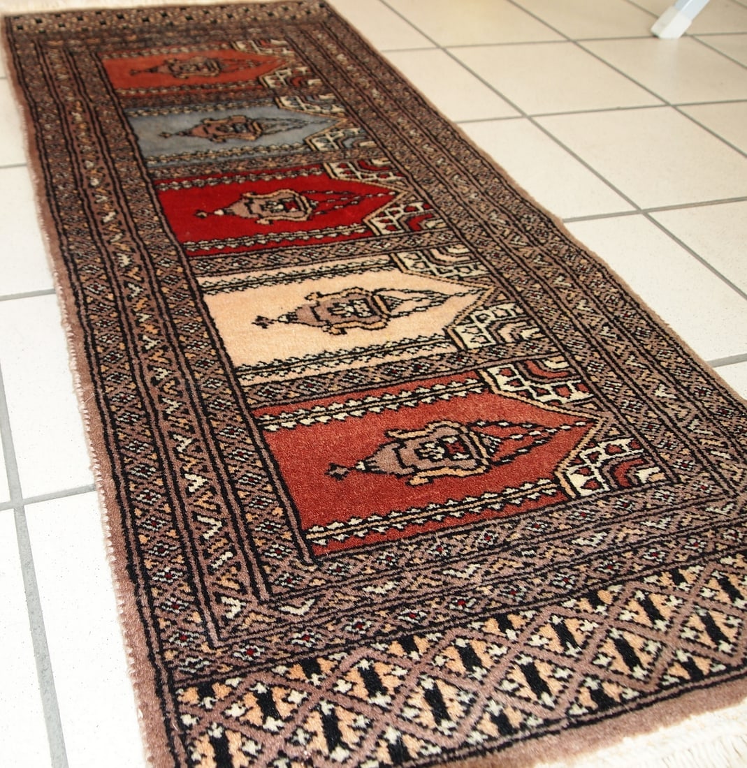 Handmade vintage Uzbek Bukhara prayer rug 1.5' x 3.3' (45cm x 101cm) 1970s - 7