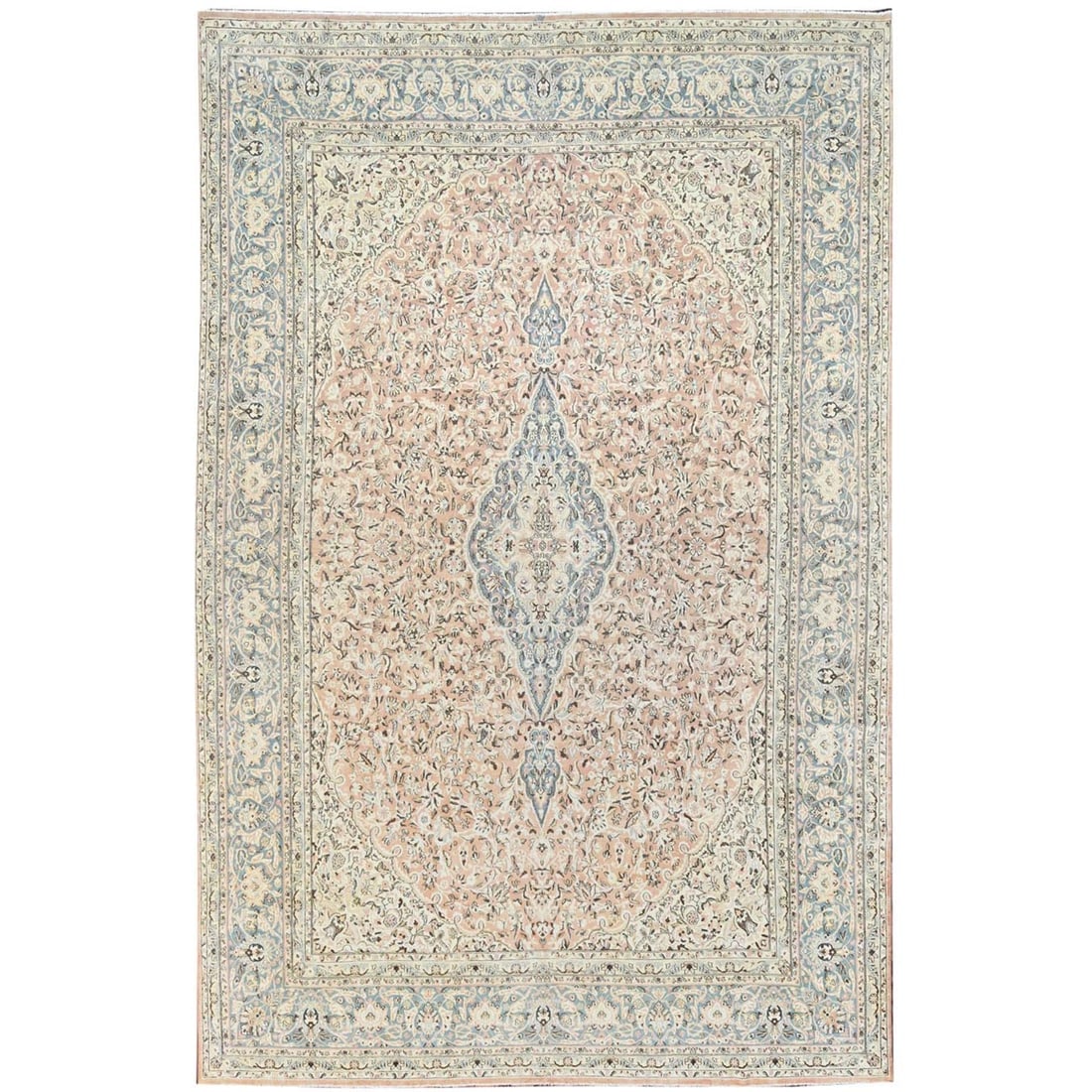 Pale Peach Zoroastrian Hand Knotted 100% Wool Oversized Oriental Rug: Title: Pale Peach Zoroastrian Hand Knotted 100% Wool Oversized Oriental RugDescription: This is a truly genuine one-of-a-kind. It has been Knotted for months and months in the centuries-old weaving