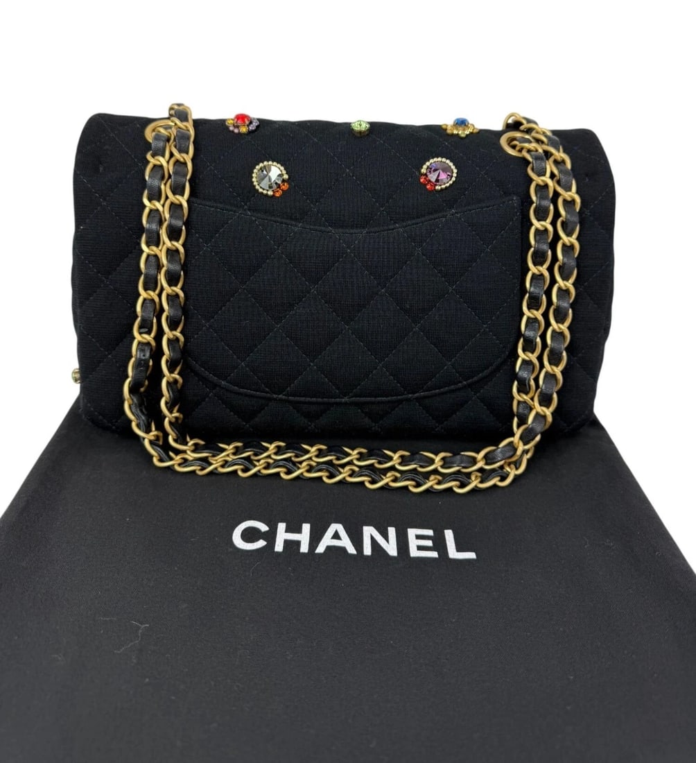 Chanel Jersey Knit Quilted Crystal Embellished Medium Double Flap Bag - 3
