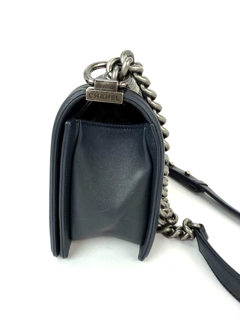 CHANEL Lambskin Chevron Quilted Medium Boy Flap Navy Blue Shoulder Bag - 11