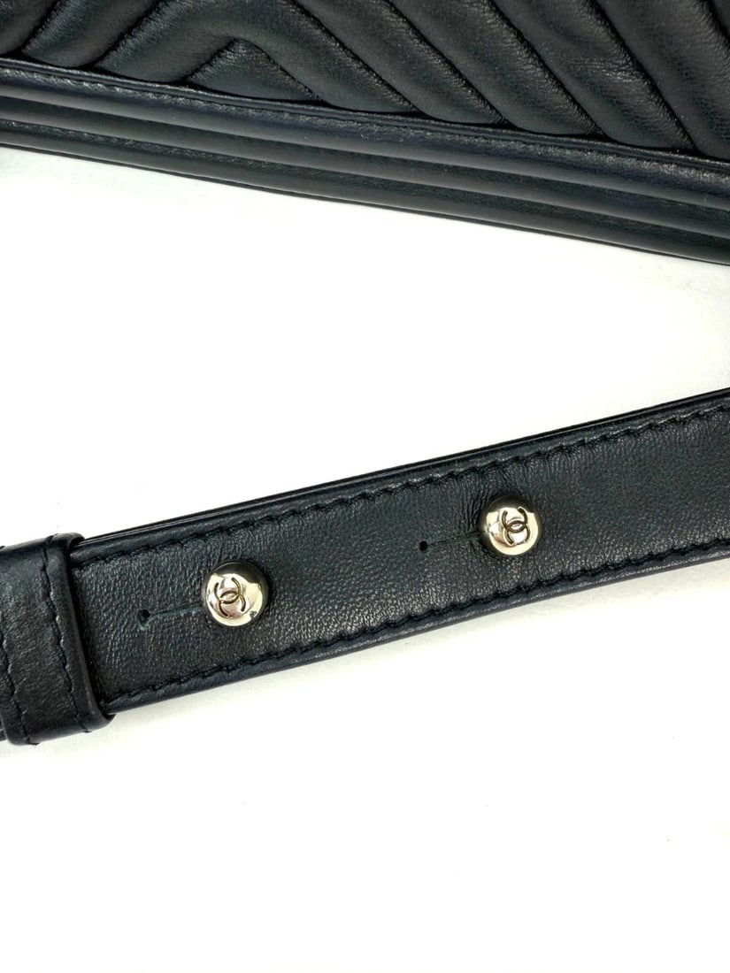 CHANEL Lambskin Chevron Quilted Medium Boy Flap Navy Blue Shoulder Bag - 16