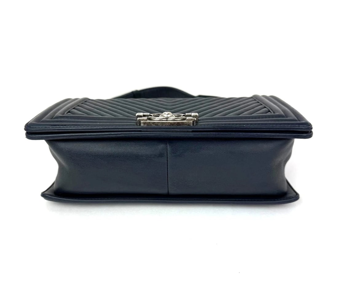 CHANEL Lambskin Chevron Quilted Medium Boy Flap Navy Blue Shoulder Bag - 4