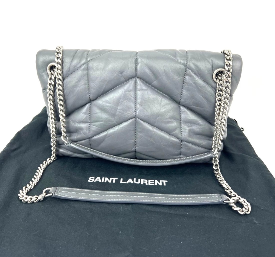 Saint Laurent Lambskin Quilted Small Loulou Puffer Gray Shoulder Bag - 3