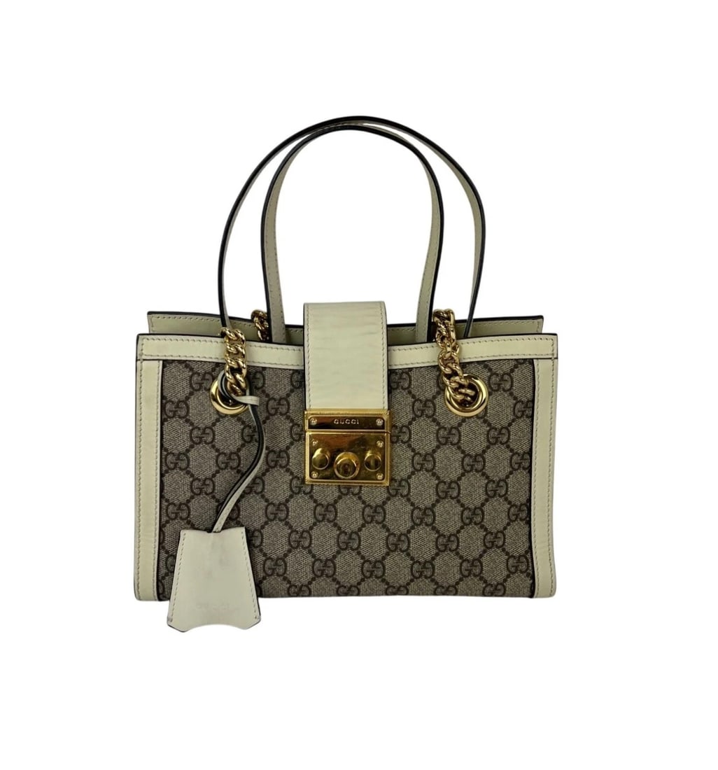 Gucci GG Supreme Small Padlock Leather Ebony Tote Bag: Title: Gucci GG Supreme Small Padlock Leather Ebony Tote Bag Description: "Pre-Owned 100% Authentic Gucci GG Supreme Small Padlock Leather Ebony Tote Bag RATING: B...Very Good, well maintained, shows