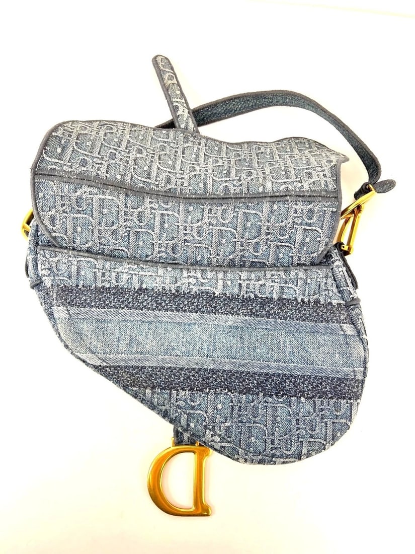 Christian Dior Oblique Embroidered Saddle Denim Blue Canvas Shoulder Bag LI - 7