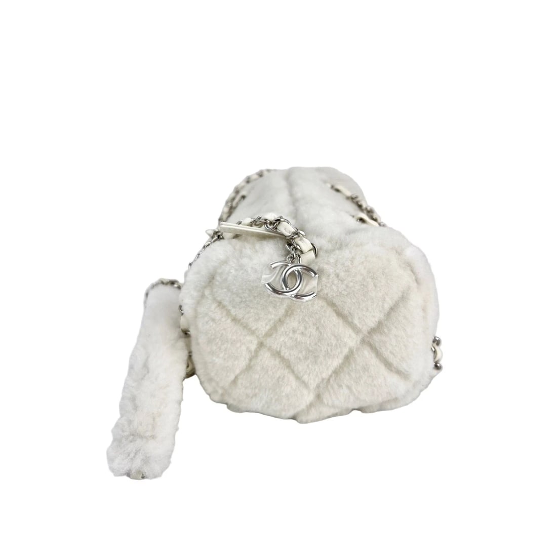 Chanel Shearling Quilted White Lambskin Bowler Crossbody Shoulder Bag - 6
