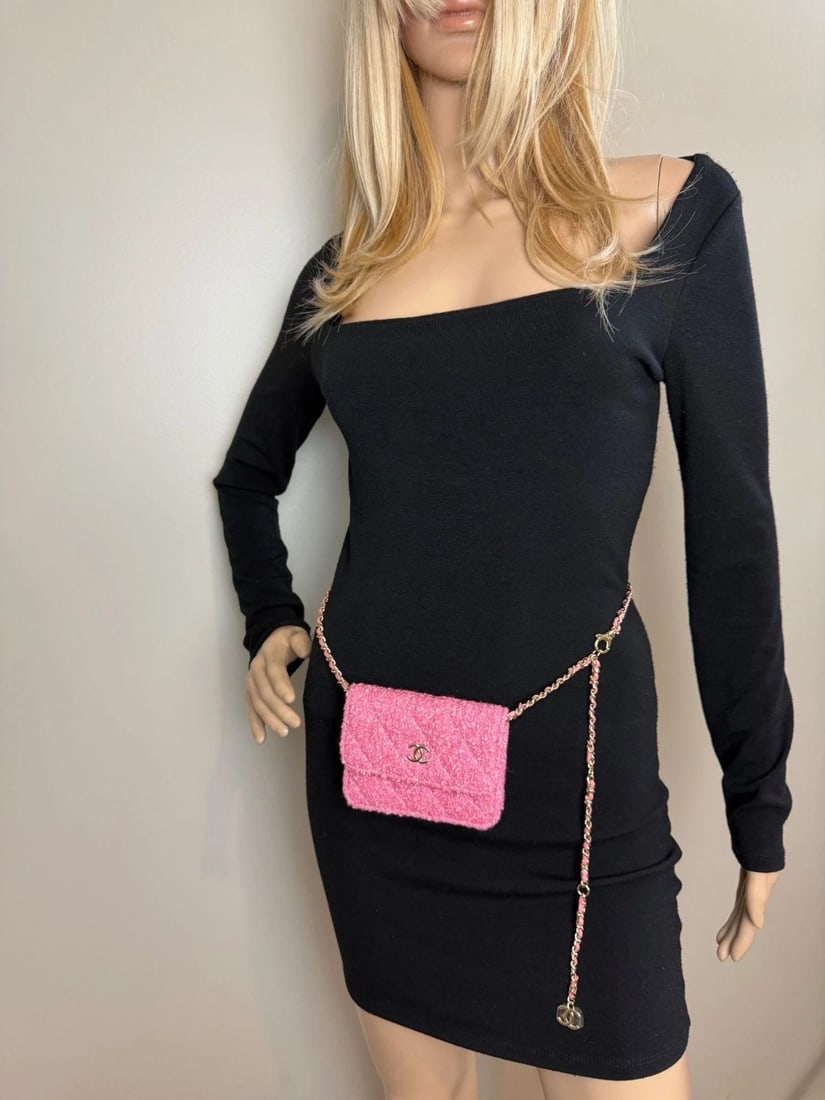 Chanel Tweed Quilted Mini Flap Pink Chain Waist Shoulder Bag - 15