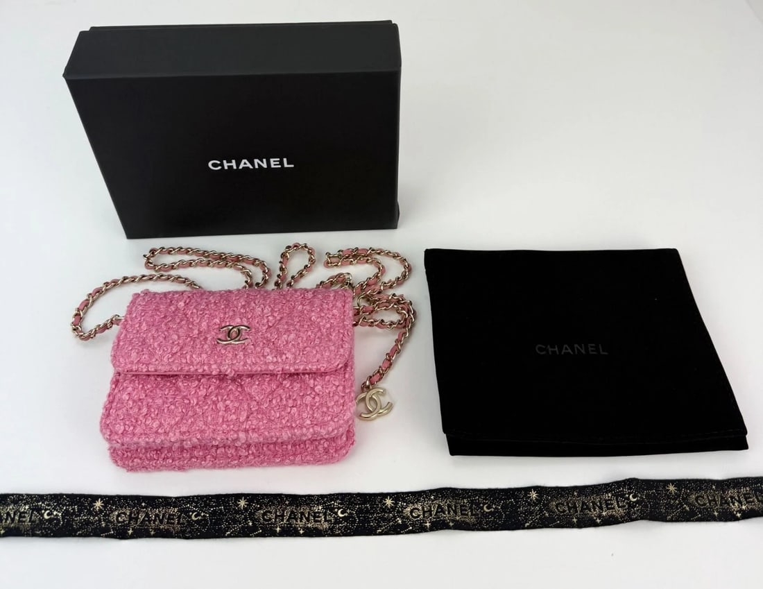 Chanel Tweed Quilted Mini Flap Pink Chain Waist Shoulder Bag - 8