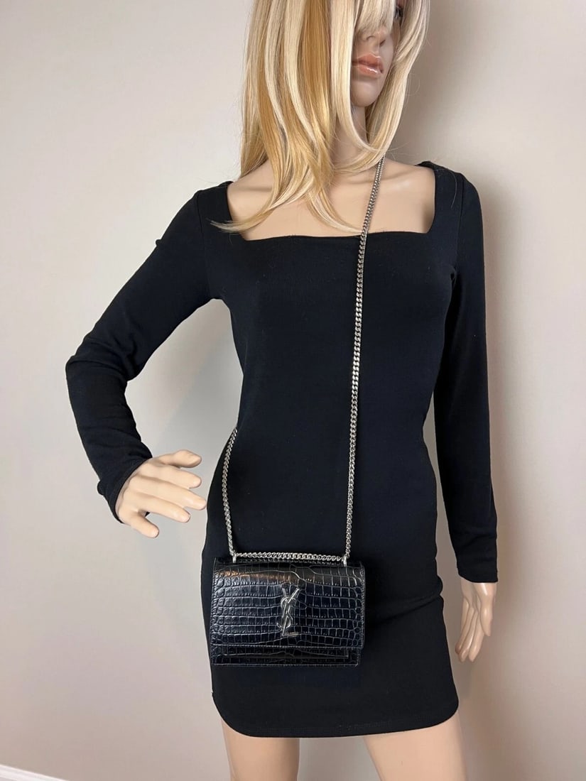 Saint Laurent Black Leather Sunset Wallet Chain Crocodile EmbossedBag - 9