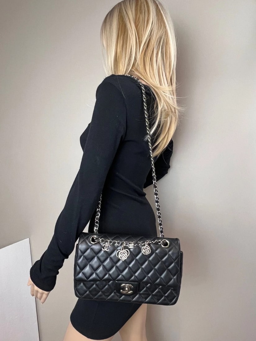 Chanel Quilted Lambskin Valentine Crystal Charms MM Single Flap Black Bag L - 9