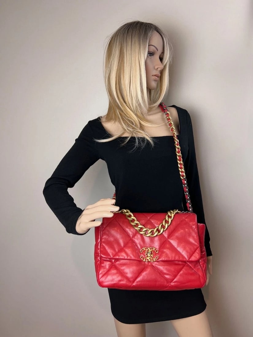 Chanel 19 Large Quilted Goatskin Silver and Gold Red Flap Bag - 14