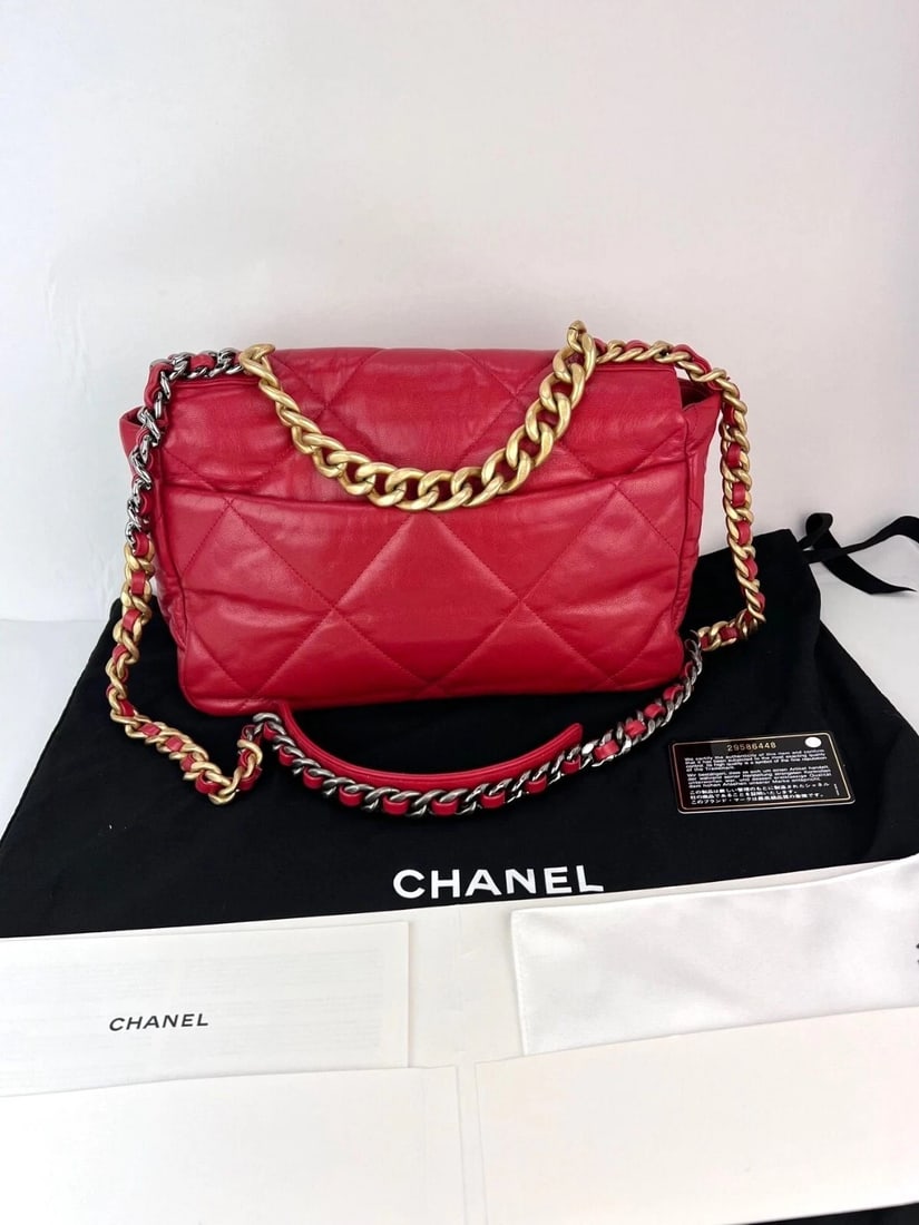 Chanel 19 Large Quilted Goatskin Silver and Gold Red Flap Bag - 3