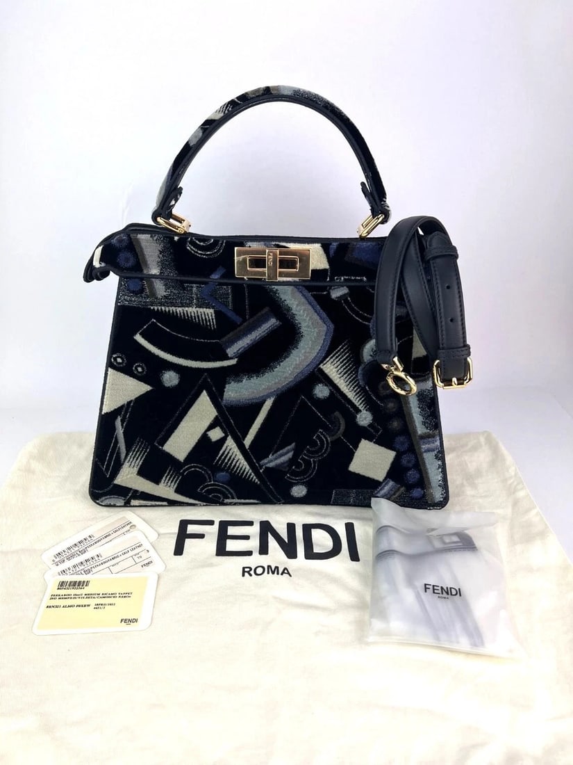Fendi Peekaboo I see u Medium Printed Velvet Black Blue Satchel Bag - 3
