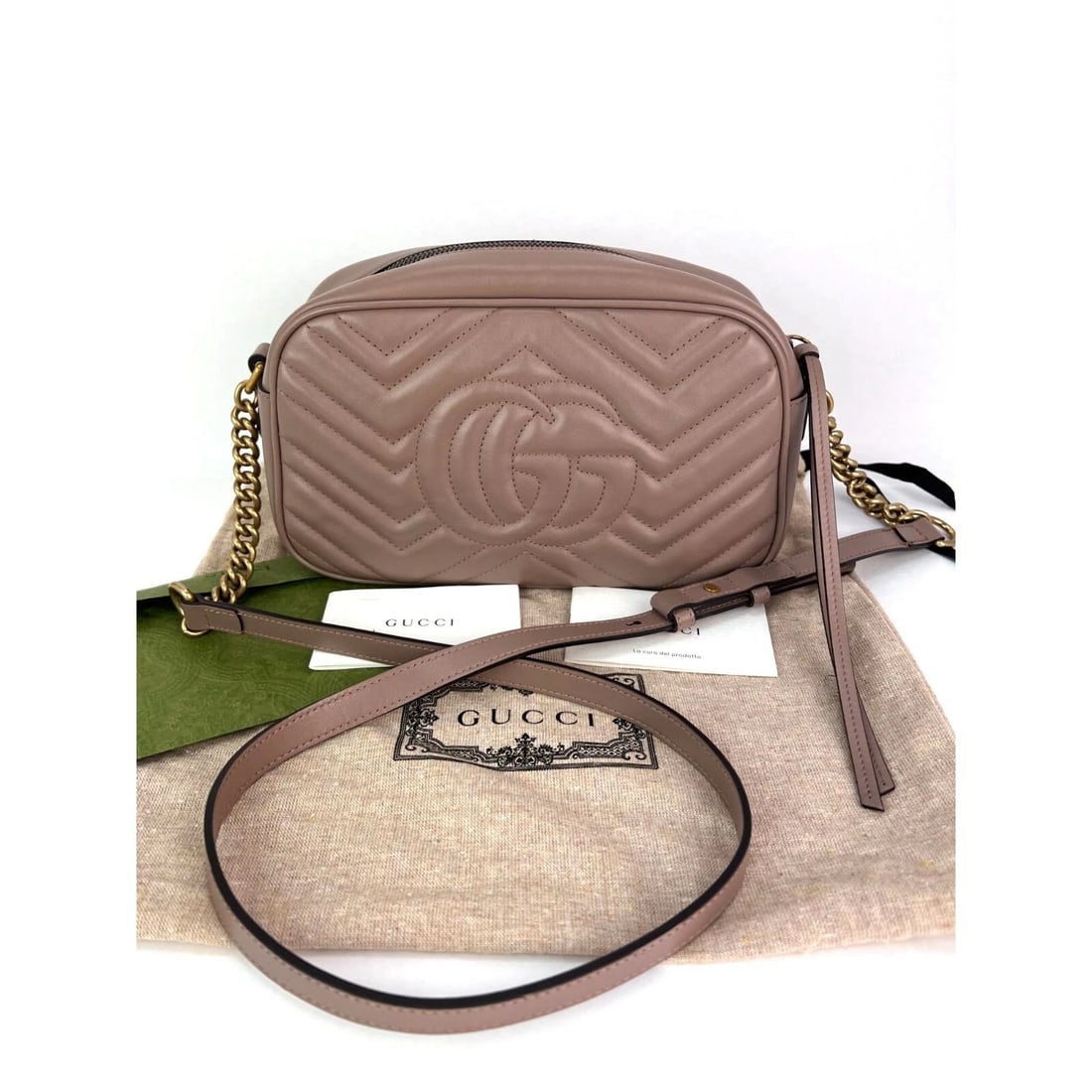 Bolso Bandolera Gucci GG Marmont Pequeña Cadena Beige Cuero Matelasse - 3