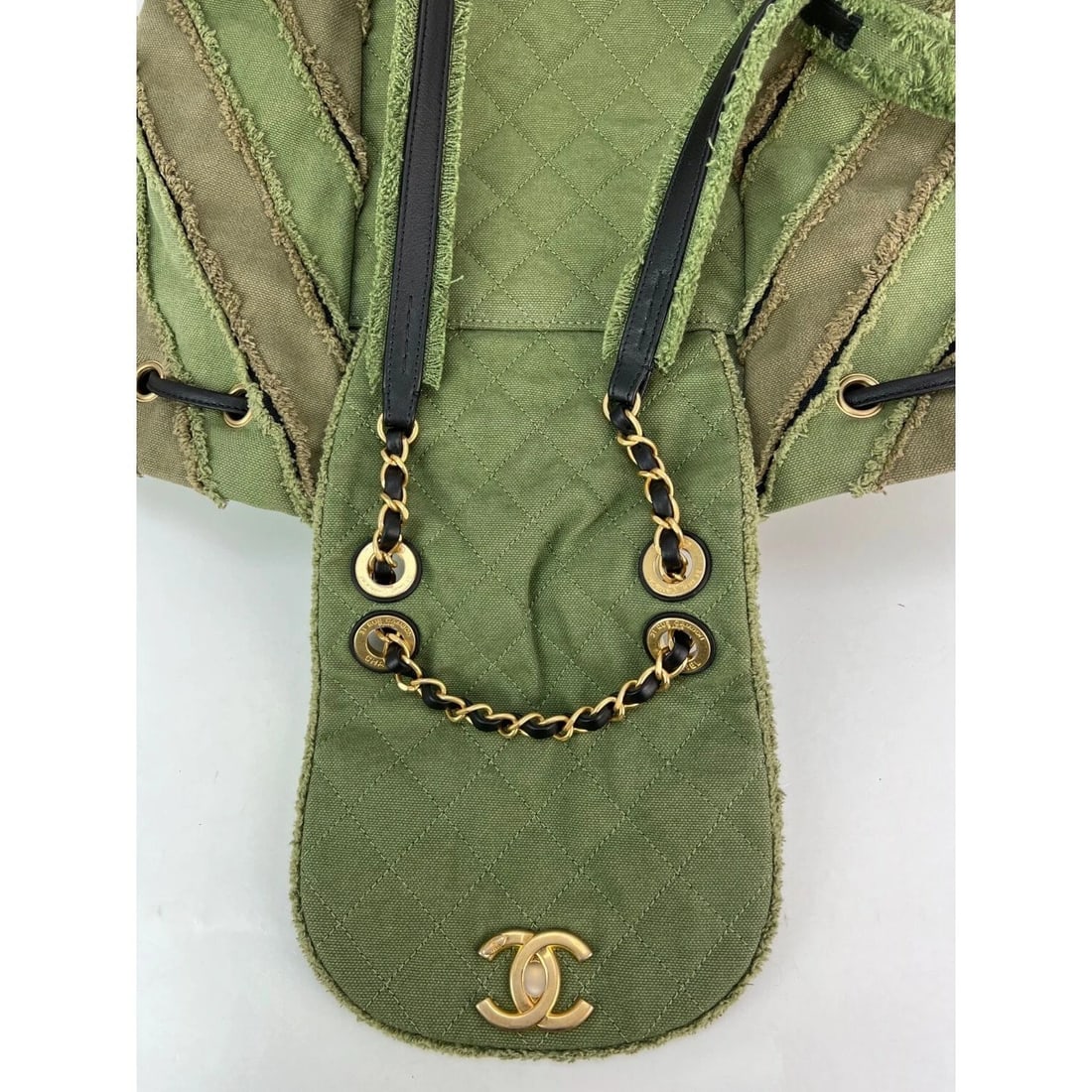 CHANEL Backpack Canvas Chevron Cuba Patchwork Khaki Green Backpack - 13