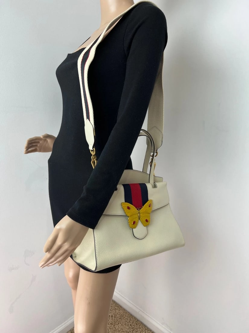 GUCCI Linea Medium Totem Web Stripped Yellow Butterfly Top Handle Bag - 4