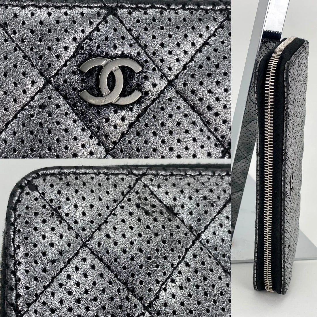 Chanel Wallet Perforated Silver Metallic Lambskin Quilted Zip Around - 7