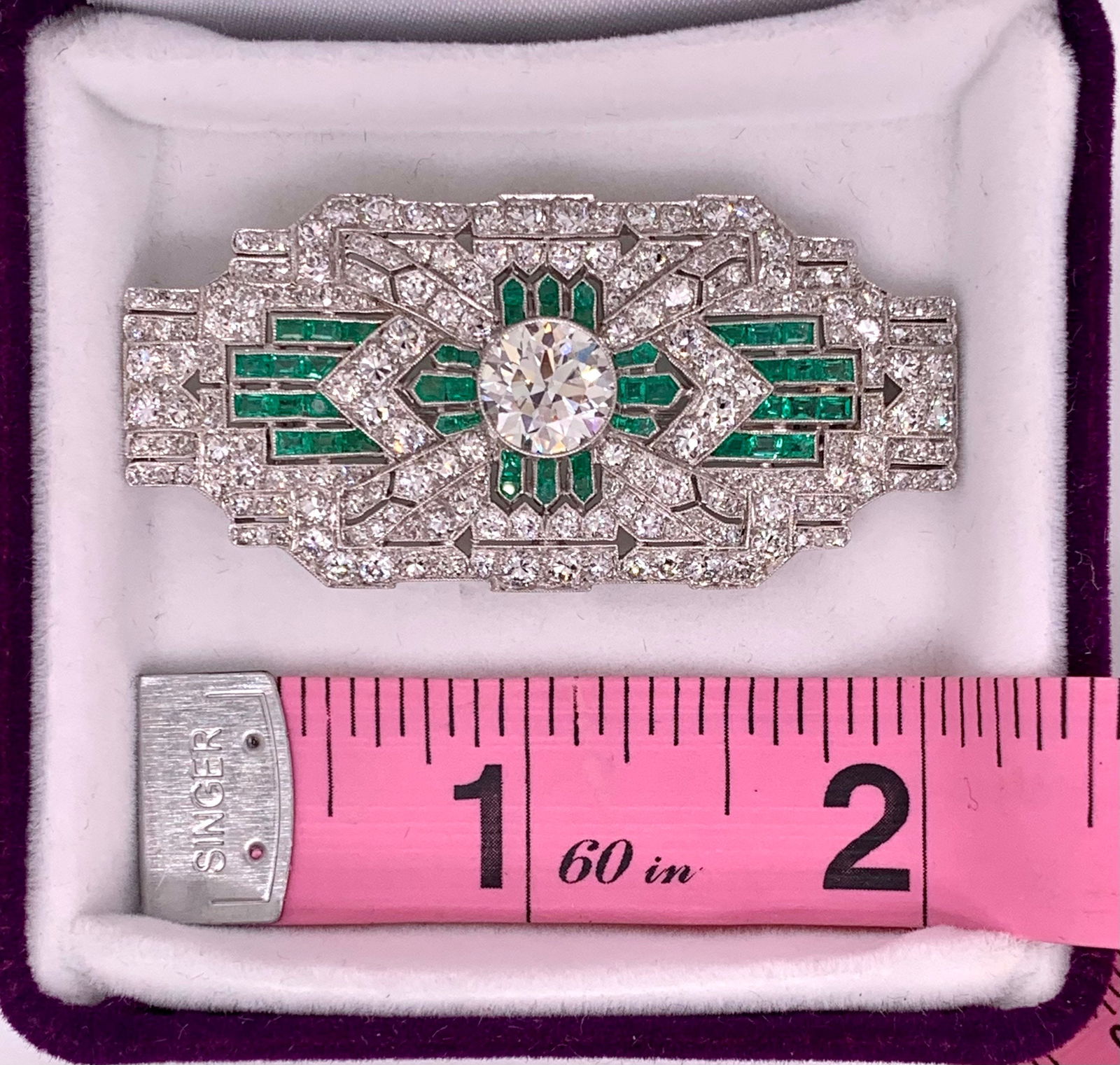 Antique Art Deco Platinum Brooch: Diamond & Emerald Pin - 2