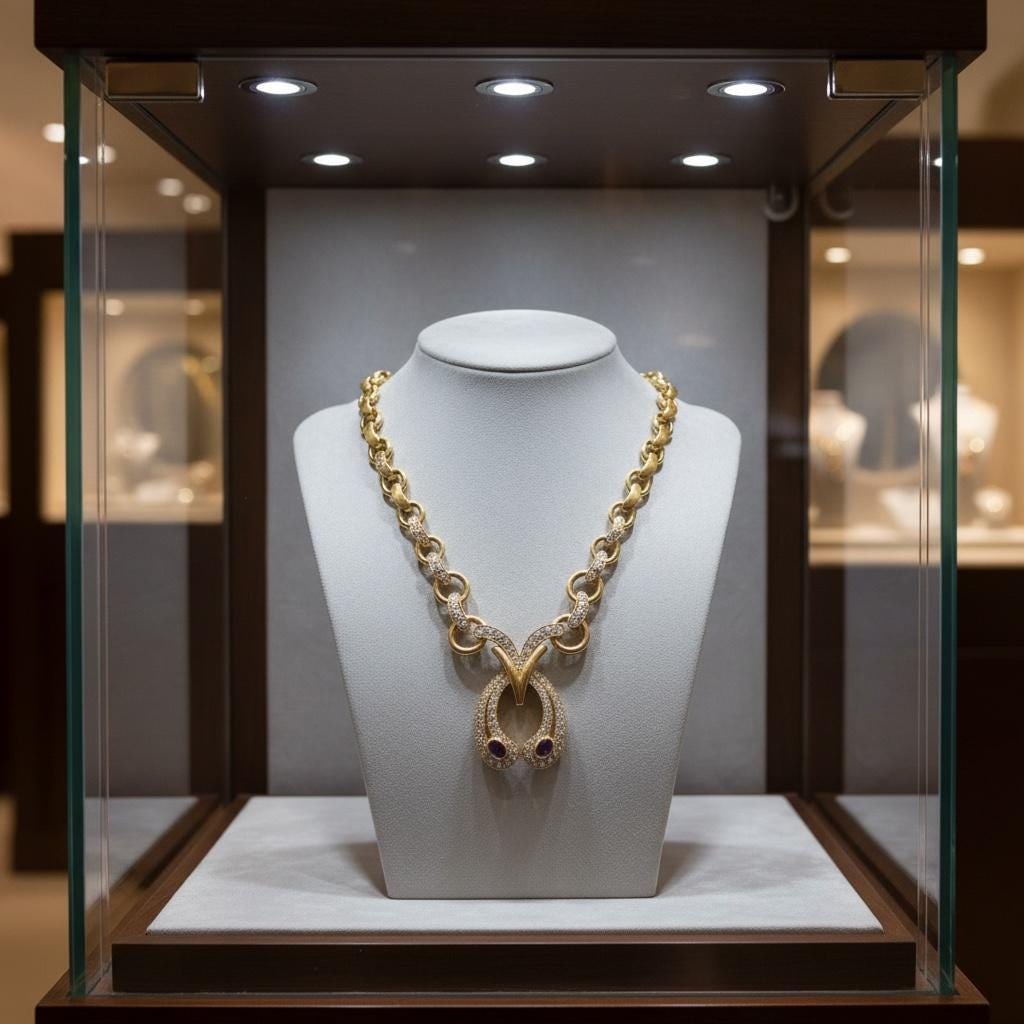 High End 18k yellow gold, diamond, ruby horshoe design necklace - 2