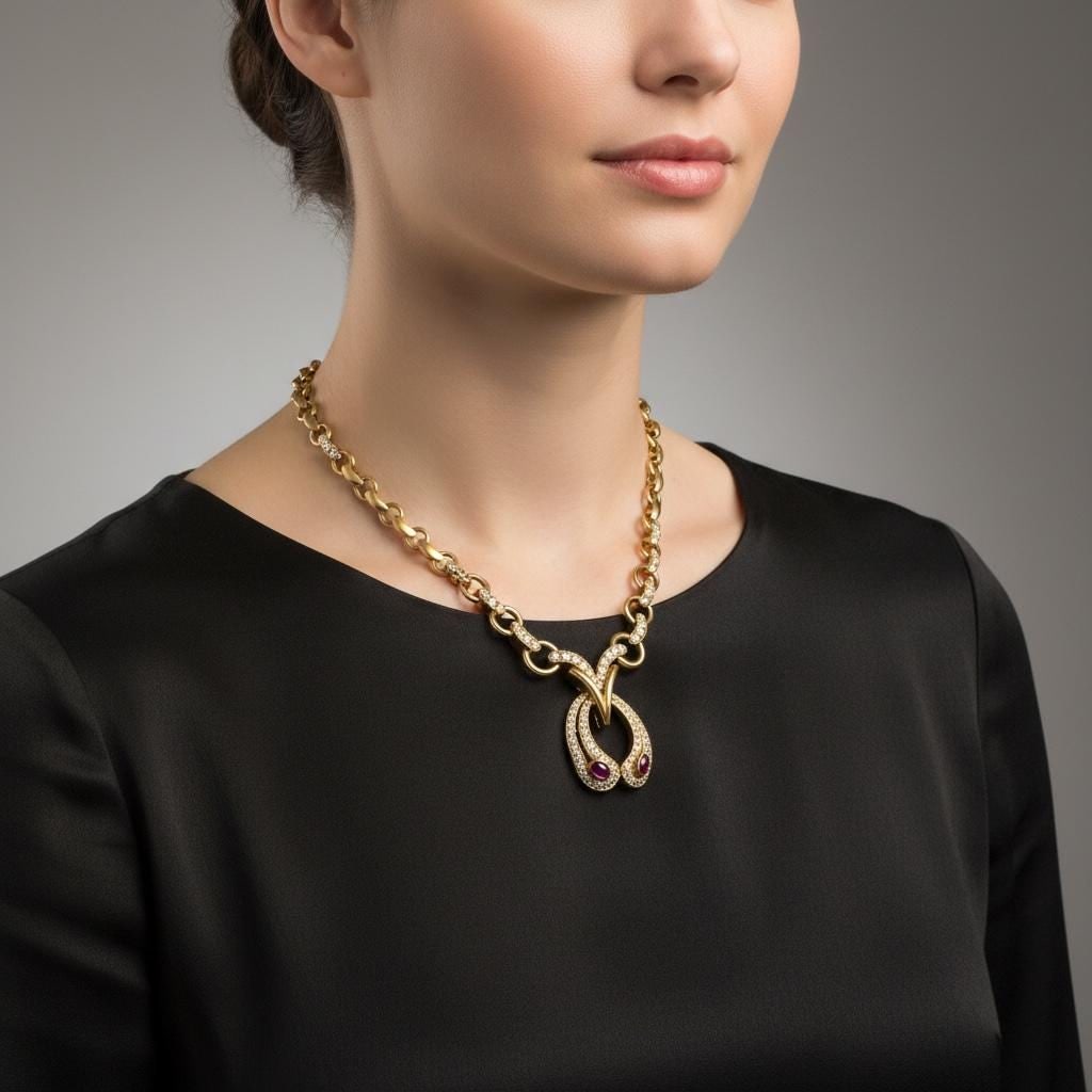 High End 18k yellow gold, diamond, ruby horshoe design necklace - 4