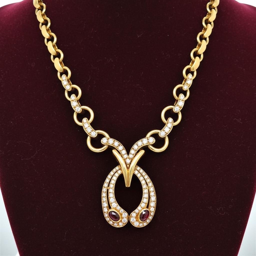 High End 18k yellow gold, diamond, ruby horshoe design necklace - 7