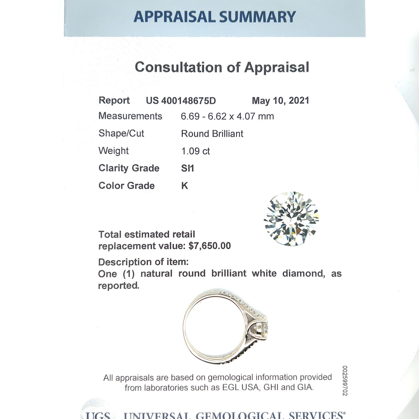 14k Diamond engagement ring 1.09 ctw round brilliant with EGL cert - 7