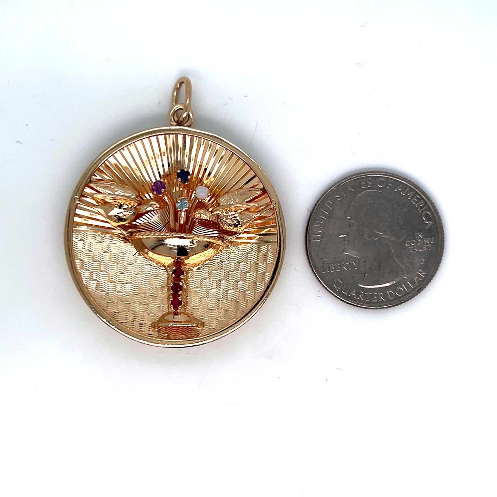 14k yellow gold vintage love birds charm pendant with multiple gem stones - 4