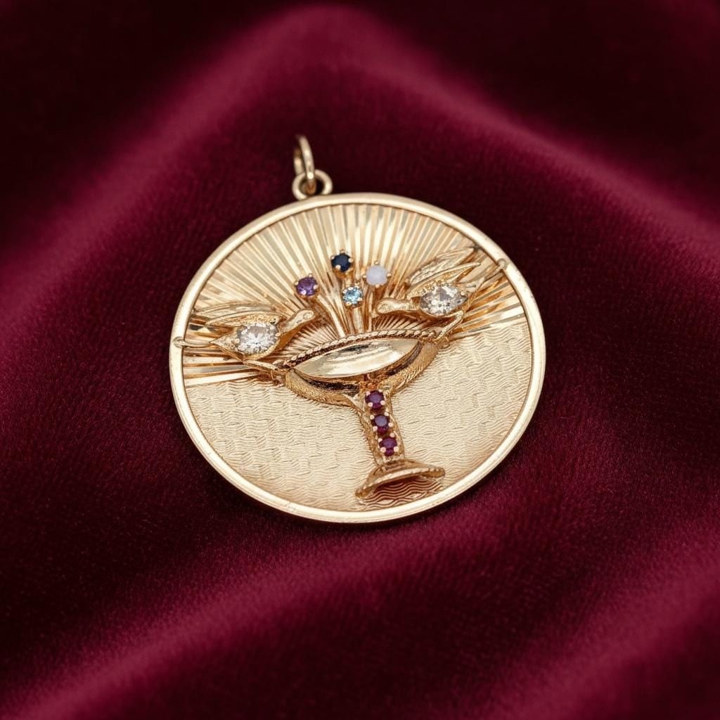 14k yellow gold vintage love birds charm pendant with multiple gem stones - 5