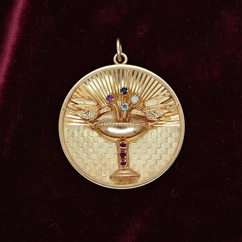 14k yellow gold vintage love birds charm pendant with multiple gem stones - 6