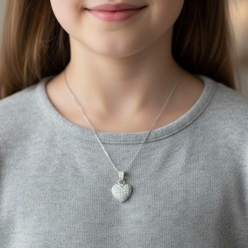 14k white gold diamond puffed heart pendant - 3