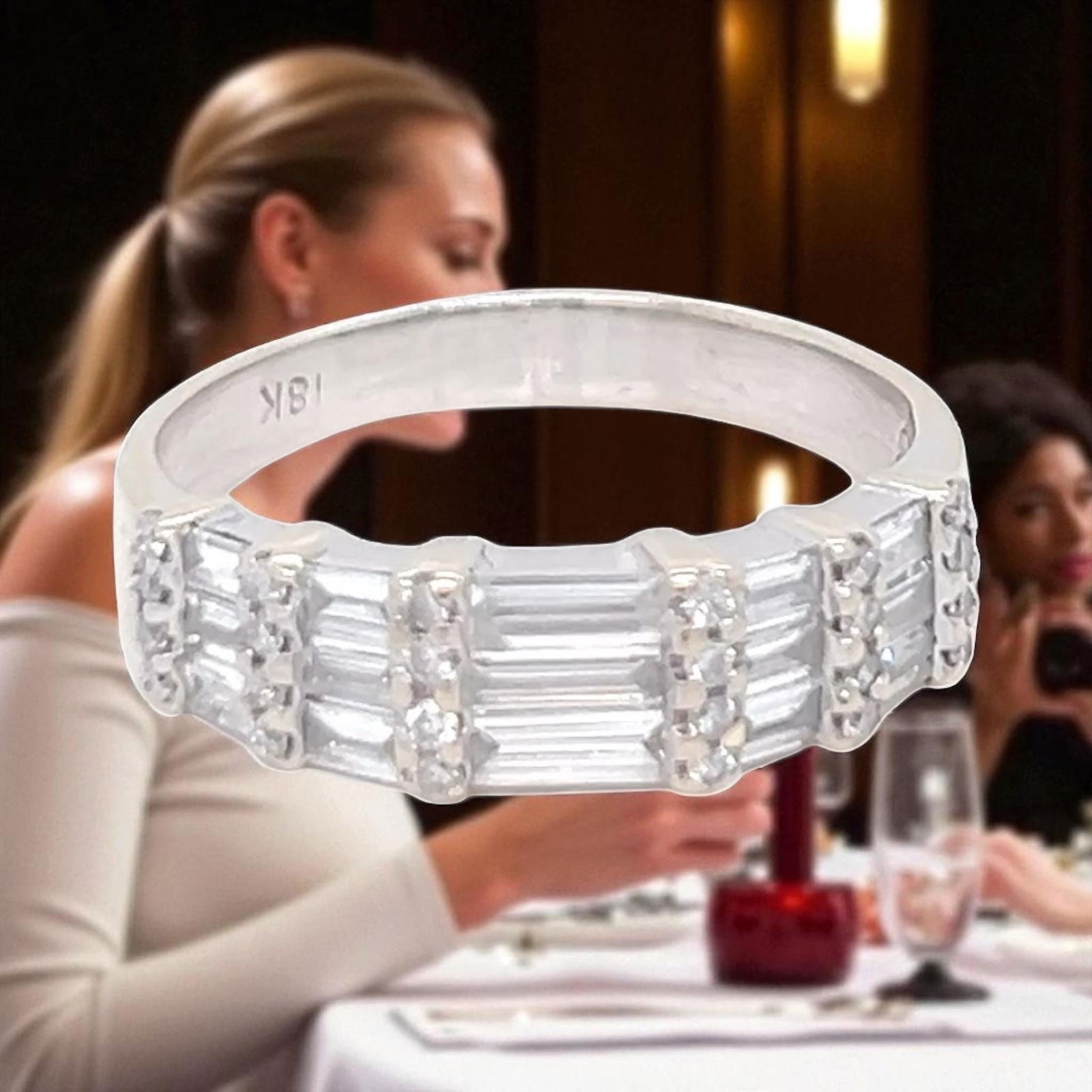 18k white gold diamond wedding band with baguettes and rounds - 2