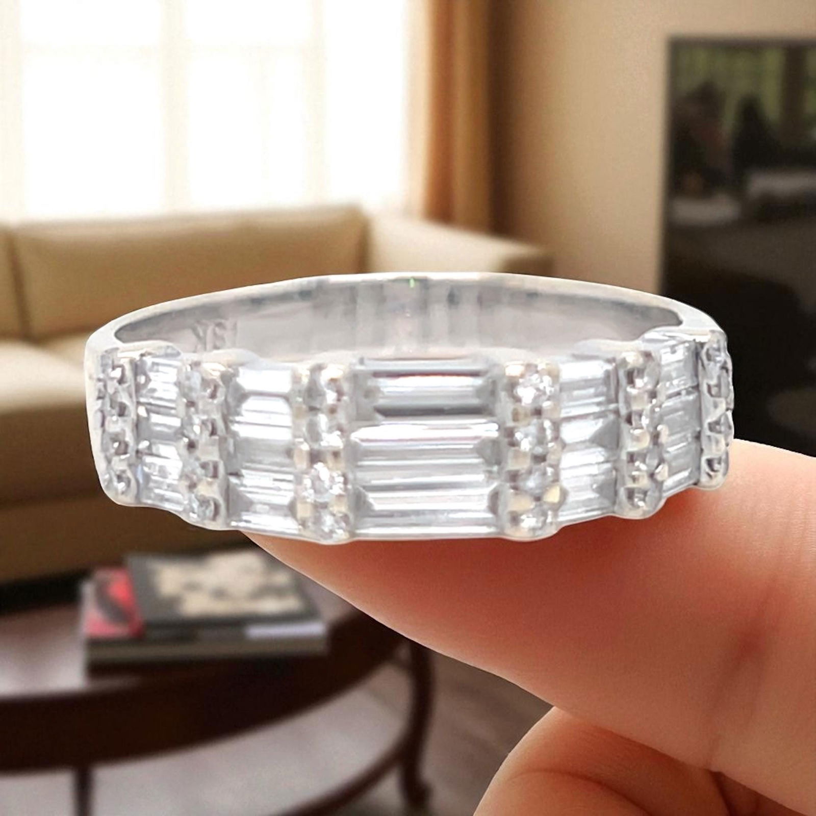 18k white gold diamond wedding band with baguettes and rounds - 3