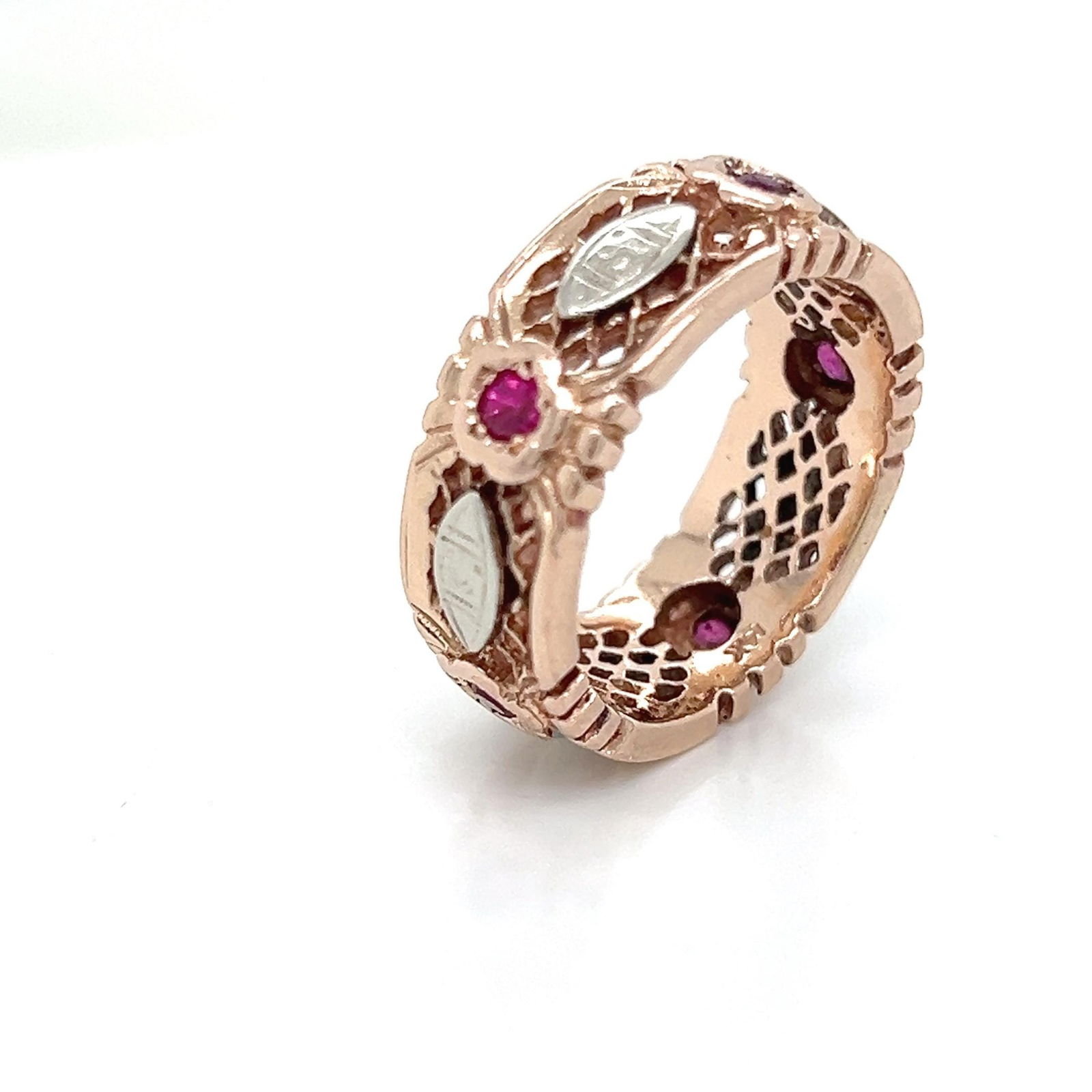 14k Rose Gold Ruby Vintage Eternity Wedding Band: Title: 14k Rose Gold Ruby Vintage Eternity Wedding Band Description: Vintage retro 14K rose gold ruby wide wedding band with intricate design and white gold marquis shape accents : Item details Highli